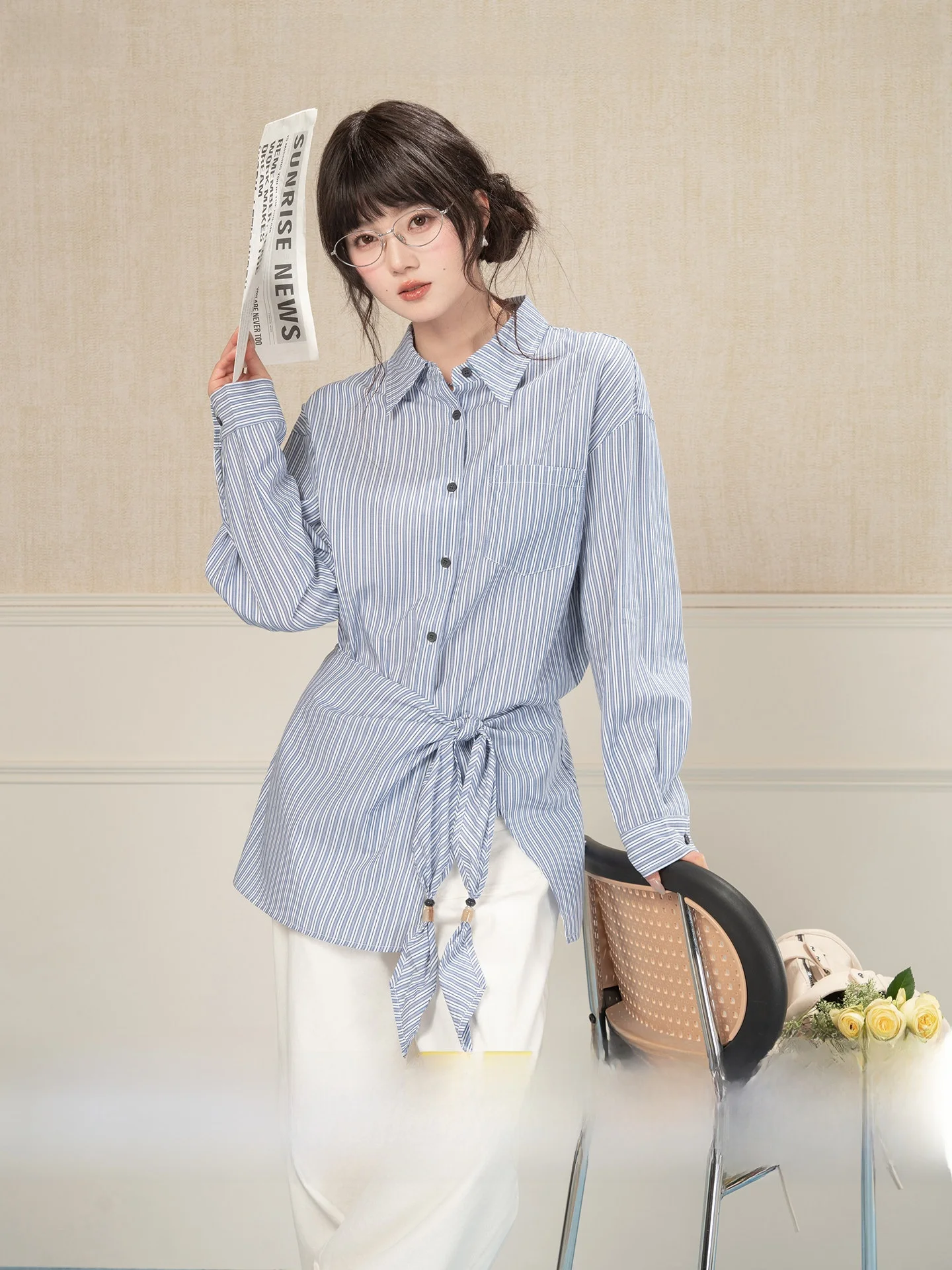 

Blue Striped Apron Design irt Women's Loose Spring New Sle Cotton Long Sve Casual Top College Sle Small ence Des...