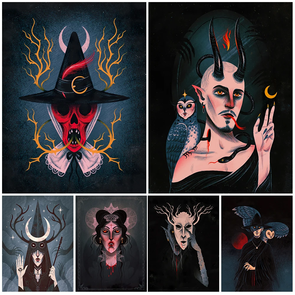 

The Wrath Of The Skeleton Witch Vintage Wall Art Canvas Painting Mysterious Demons And Human Faced Birds Poster Print Decoration