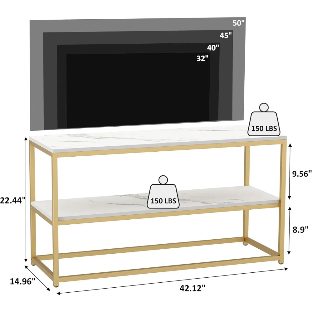 حامل تلفزيون منزلي وظيفي لأجهزة التلفاز حتى 50 بوصة، مركز ترفيه 3 طبقات، خزانة تلفزيون حديثة مع سطح رخامي وقاعدة معدنية ذهبية
