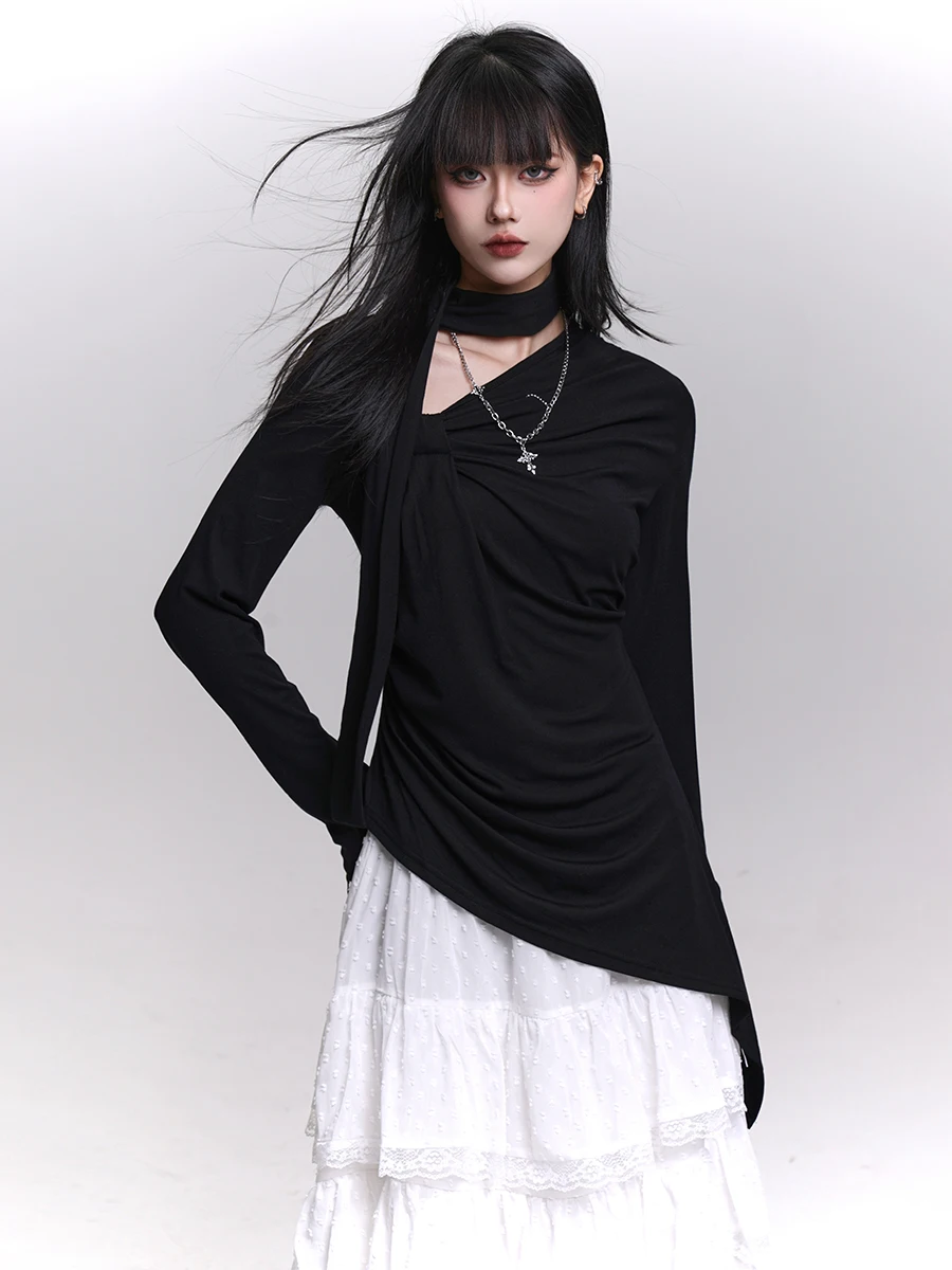 

Spring Autumn Beautiful Casual T-shirts Korean Style Long Sleeve Tops for Women Solid Color Black Inner Layer Base Shirt