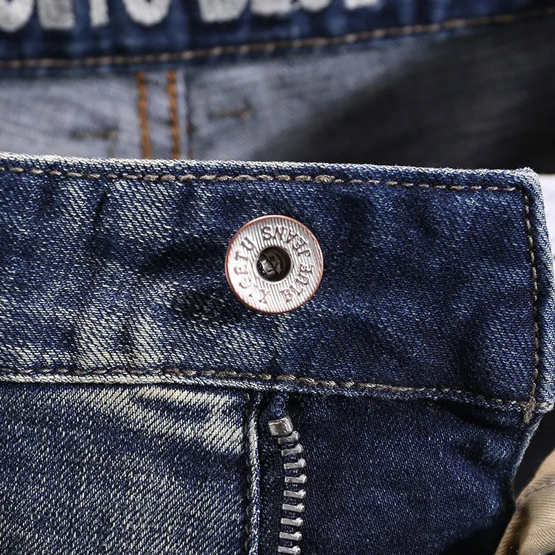 Street Fashion Men Jeans Retro Washed Blue Stretch Slim Fit Ripped Jeans Men High Quality Patched Designer Vintage Denim Pants
