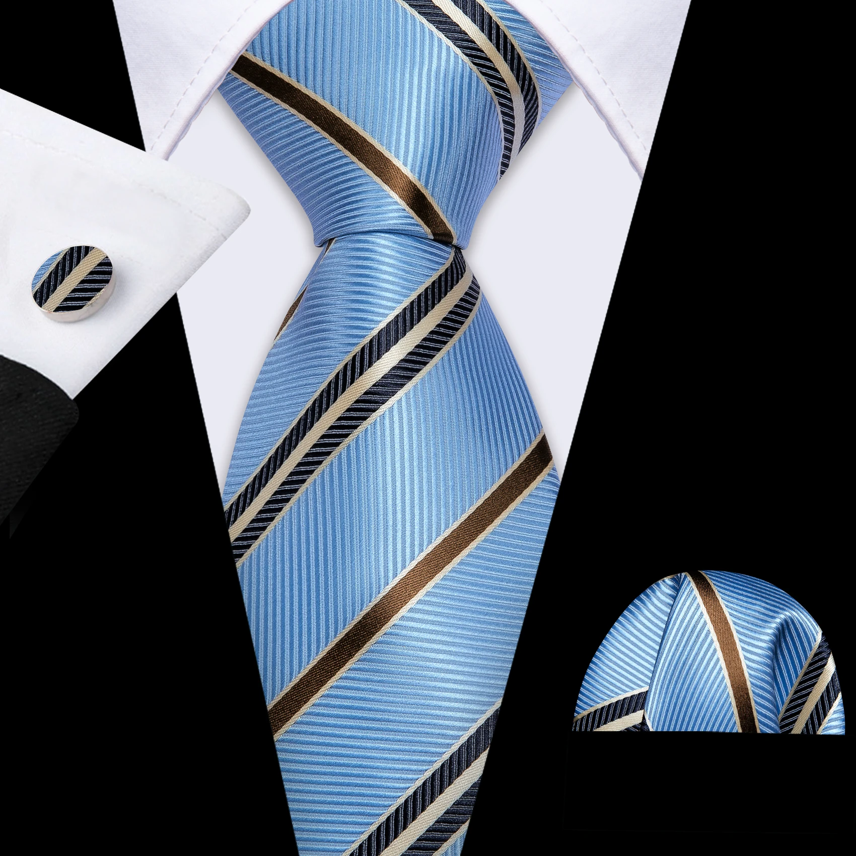 Neue blaue Krawatten, hochwertige Herrenmode, klassisches Karomuster, gewebtes Taschentuch, Manschettenknöpfe, Sets, Bräutigam, Hochzeit, Designer – Detail 9