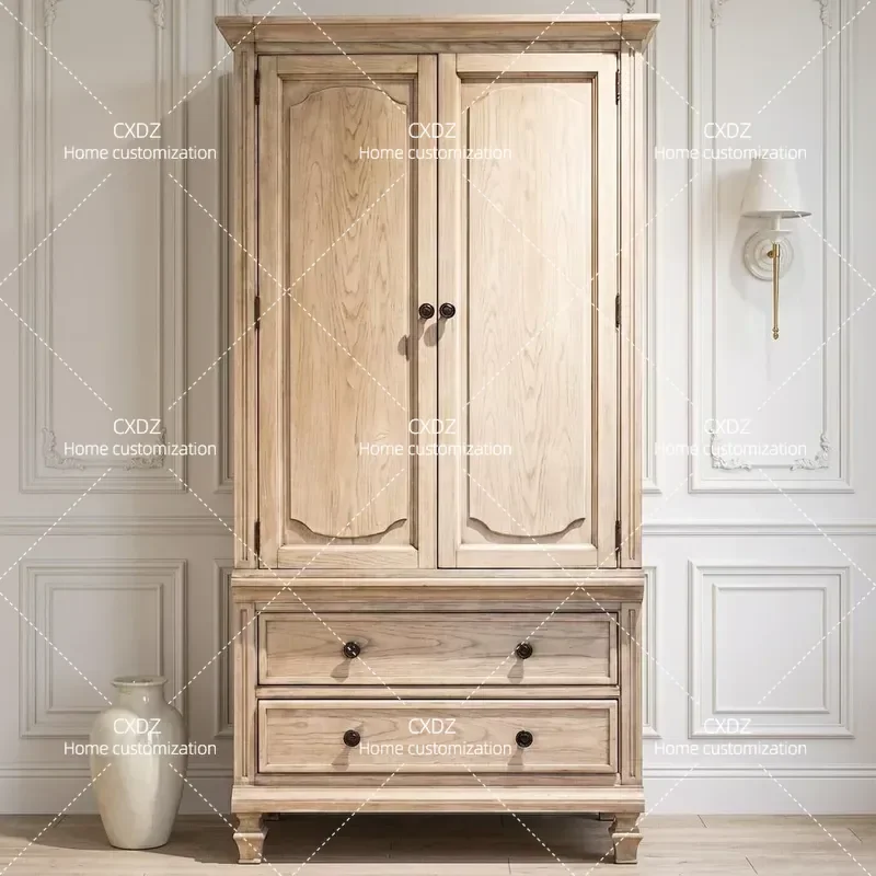 Retro Solid Wood Double Door Wardrobe American White Five Drawer Chest European Two Door Cabinet Simple Storage Closet