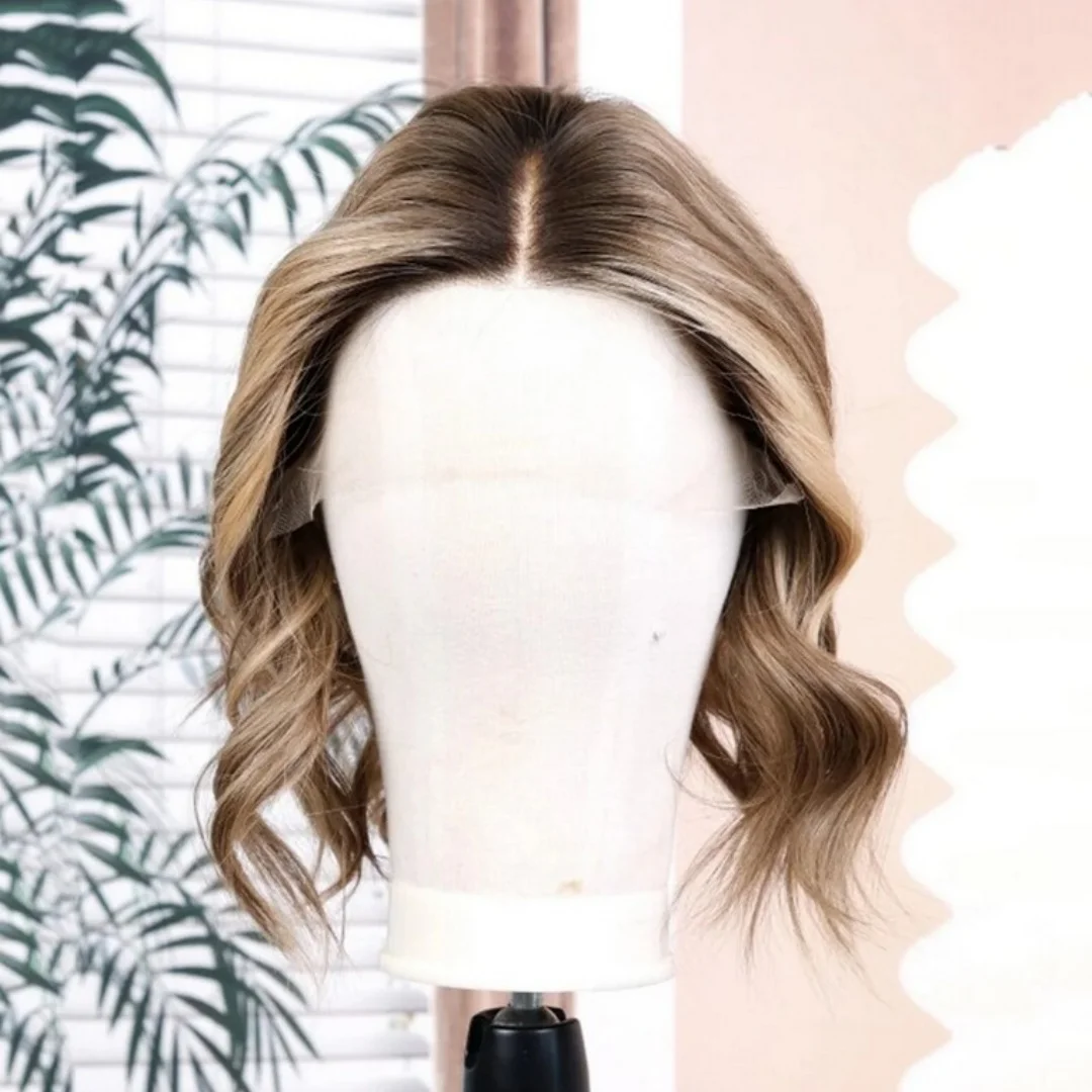Women's Wig Free Part Short Brown Balayage Synthetic Lace Top Wig With Dark Roots Loose Wave High Quality 100% Premium Fibre 12