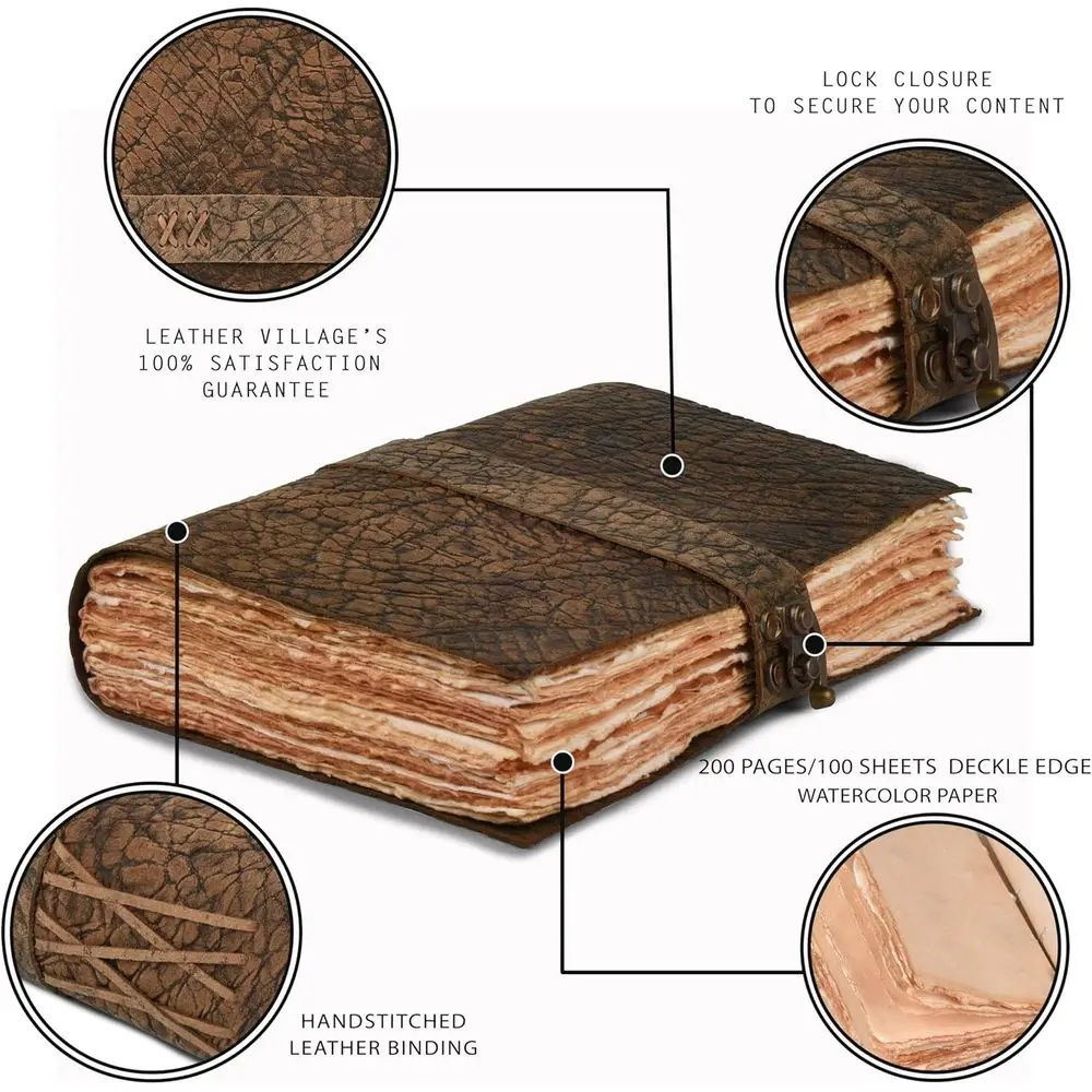 ヴィンテージ手作り日記帳（鍵付き） - A4サイズ、水彩紙の縁、アートや執筆に最適な200ページ