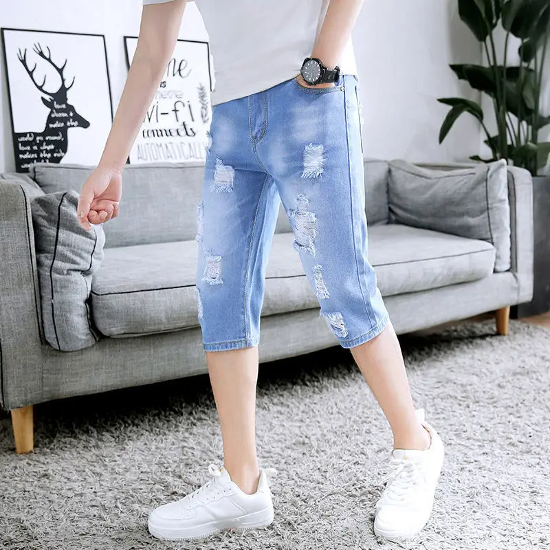 Summer Thin Section Seven-point Ripped Jeans Men's Korean Version of Slim Beggar Pants Men's Denim Shorts Outer Wear