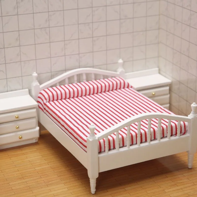 1:12 acessórios para casa de bonecas, decoração de cena de casa de brincar, mini móveis, quarto, tecido de madeira europeu, cama de casal, conjunto de mesa de cabeceira
