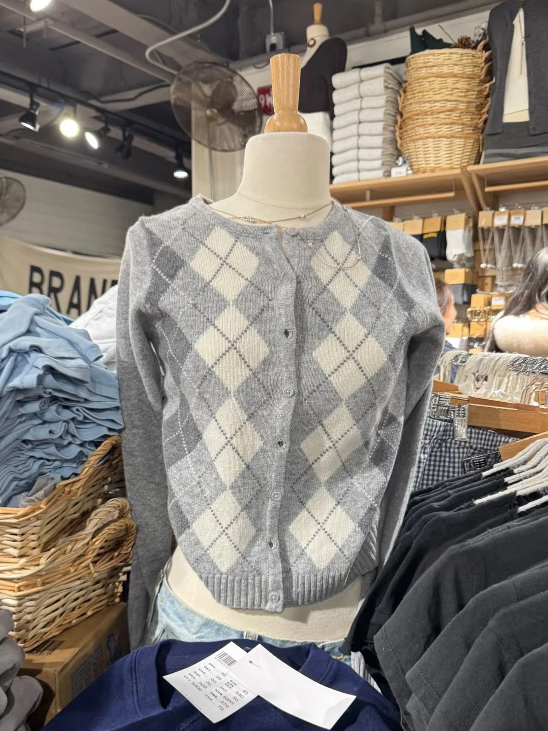 

Grey Argyle Slim Sweater Cardigan Woman Spring O-neck Long Sleeve Cotton Knitted Coat Vintage Preppy Style Sweet Short Sweaters