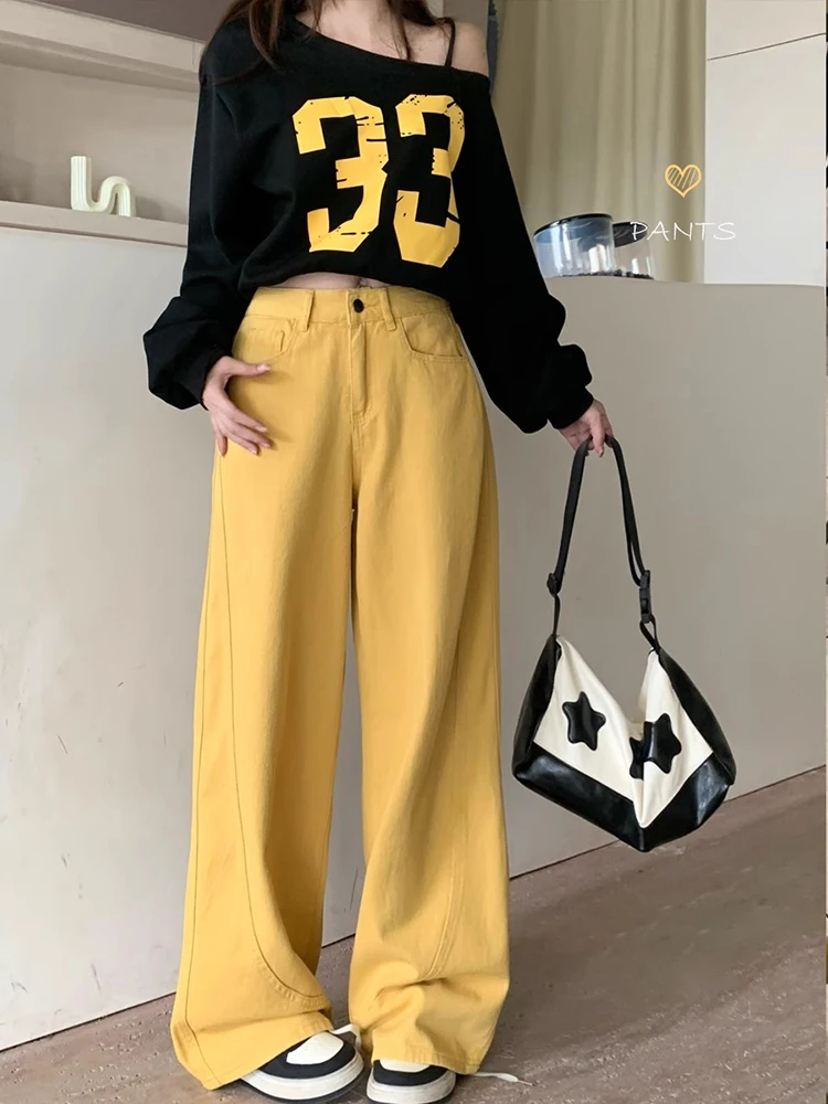 

Женские джинсы с высокой талией и широкими штанинами, весенне-осенние, свободного кроя, расклешенные, прямые, полной длины