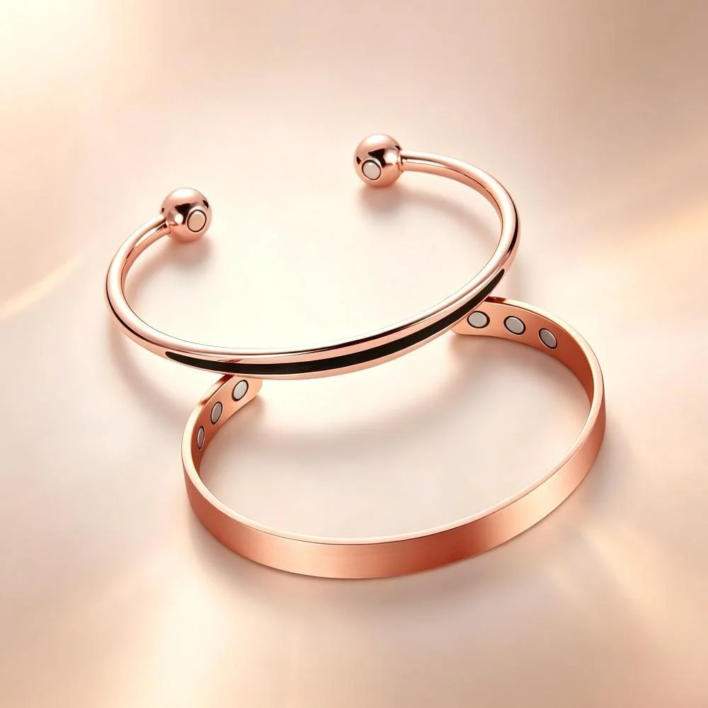 Rose Gold Magnetic Bracelet Set: Adjustable Open-Design Fashion Wristbands for Men and Women (2-Piece Set)