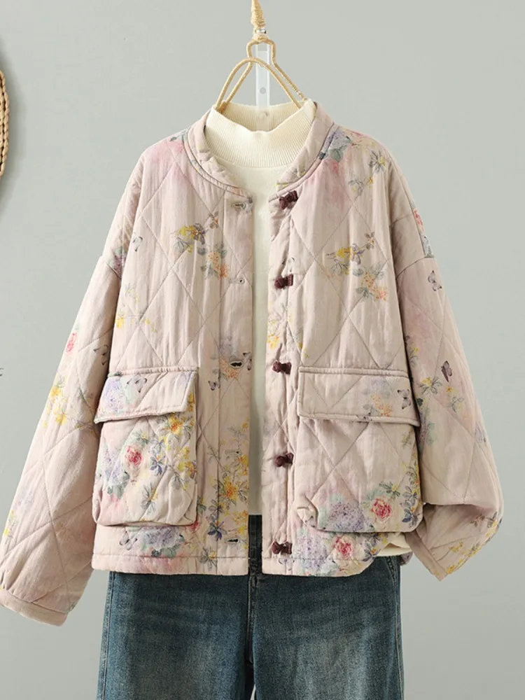 

Faionable Floral Print Cotton Jaet Women's Stand Collar Embroidered Button Thiened Chinese Sle Coat Artistic Loose Fit