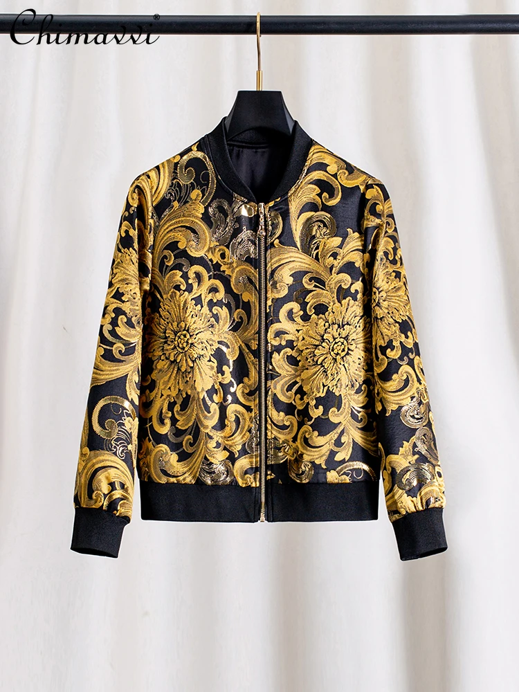 

Элегантные бейсбольные куртки в китайском стиле с золотой вышивкой в стиле ретро, повседневная верхняя одежда с воротником-стойкой и длинными рукавами на молнии, женские осенние пальто