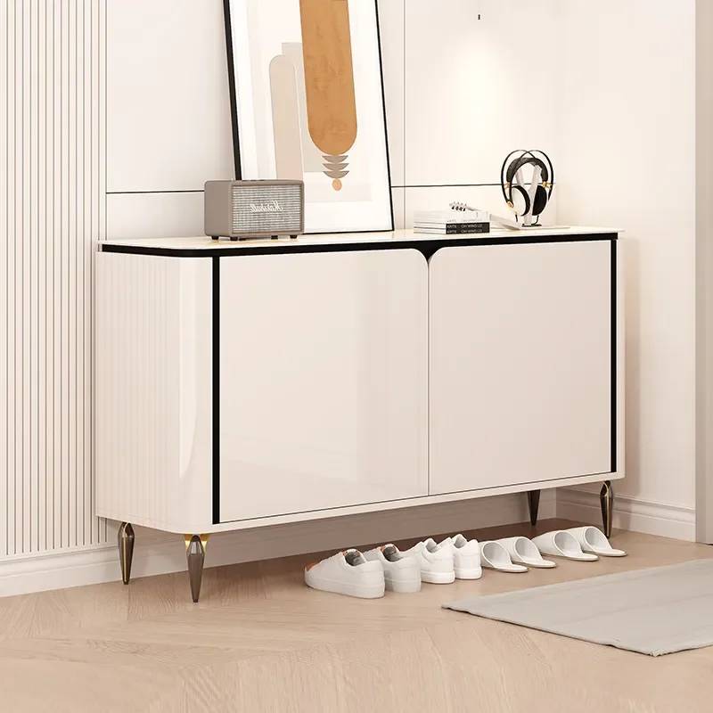 Cream Modern Shoe Cabinet Slim Entryway Storage Unit Wall Mounted Door Organizer Home Partition Shelf for Hallway