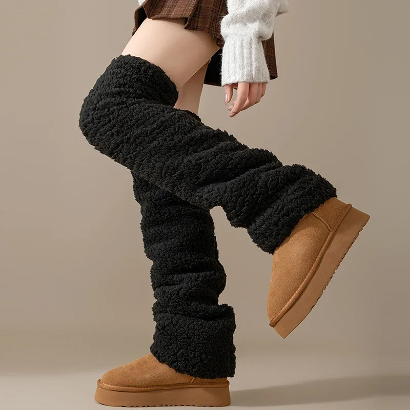Funny Coral Fleece Knee High Socks Thickened Solid Color Leg Sleeves Long Warm Knee Pads Sleep