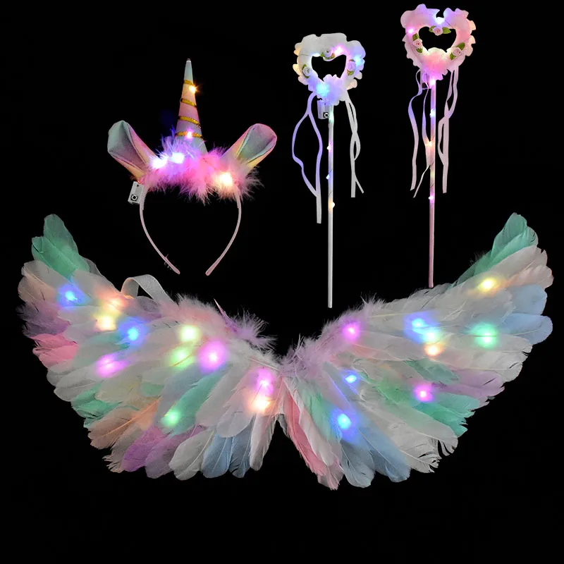 3pcs/set Cute Children Girls Unicorn Feather Angel Wings With Headband Set Baby Halloween Costume Party Supplies Photo Props