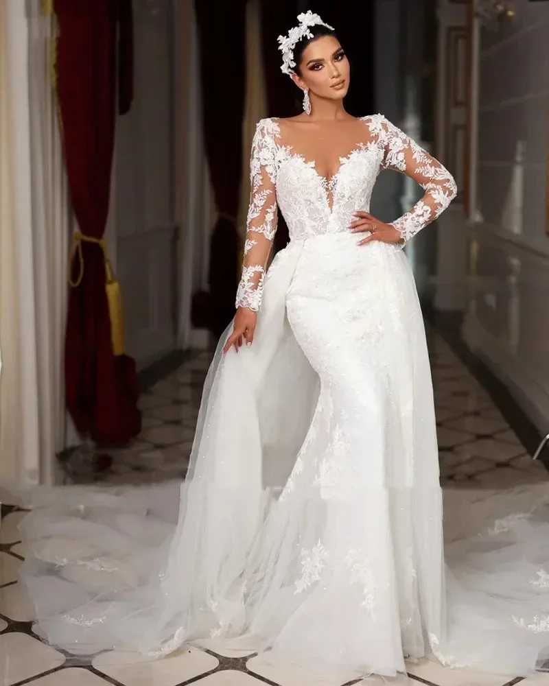 Abito da sposa romantico personalizzato a sirena a maniche lunghe Splendide applicazioni di perline Abito da sposa con strascico staccabile Abiti De
