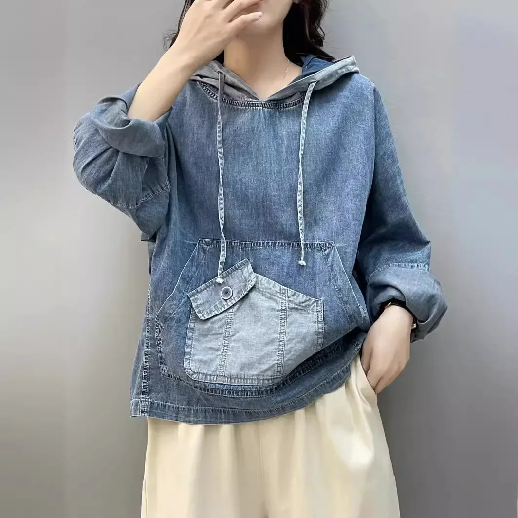 New Spring Oversized Fashion Denim Hoodies Womens Vintage Hooded Classic Loose Sweatshirts Ladies Harajuku Casual Korean Clothes