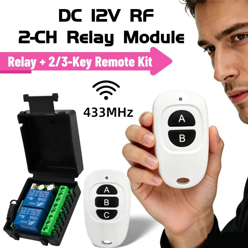 2CH DC12V 433MHz RF Wireless Remote Control Relay Switch Receiver With 2‑Button Remote Controller For Electric Motor Garage Door