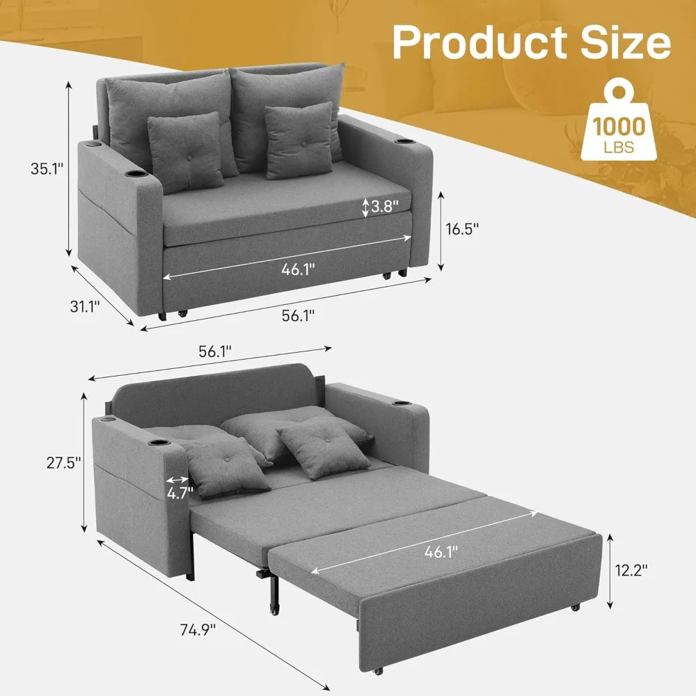 سرير أريكة قابل للتحويل 3 في 1، سرير أريكة للنوم بالحجم الكامل مقاس 56 بوصة، سرير أريكة للنوم مع جيب تخزين