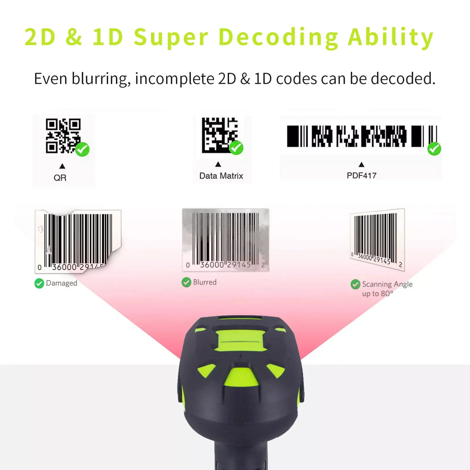 1D/2D 433MHz Wireless Bluetooth Industrial Handsfree Barcode Scanner with Cordless Charge Basess