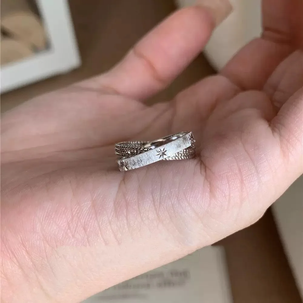 Exquisite Retro 925 Sterling Silver Brushed Mercury Starburst Double Band Open Adjustable Rings for Women Simple Luxury Jewelry