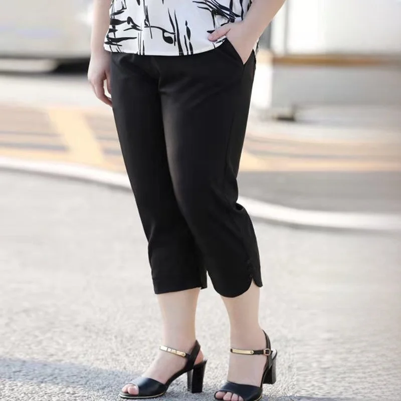 

Летние новые укороченные брюки больших размеров (до 300 кг) для полных женщин, с высокой талией, свободного кроя, повседневные, Cleanfit, со средней/низкой талией, из ПВХ