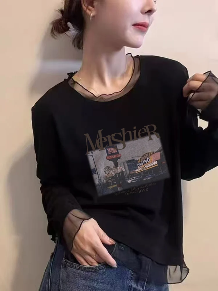 Korean Style Long Sleeve T-Shirt Women's Mesh Lace under Shirt Fashionable Versatile Slimming Top Commute Style Winter Season