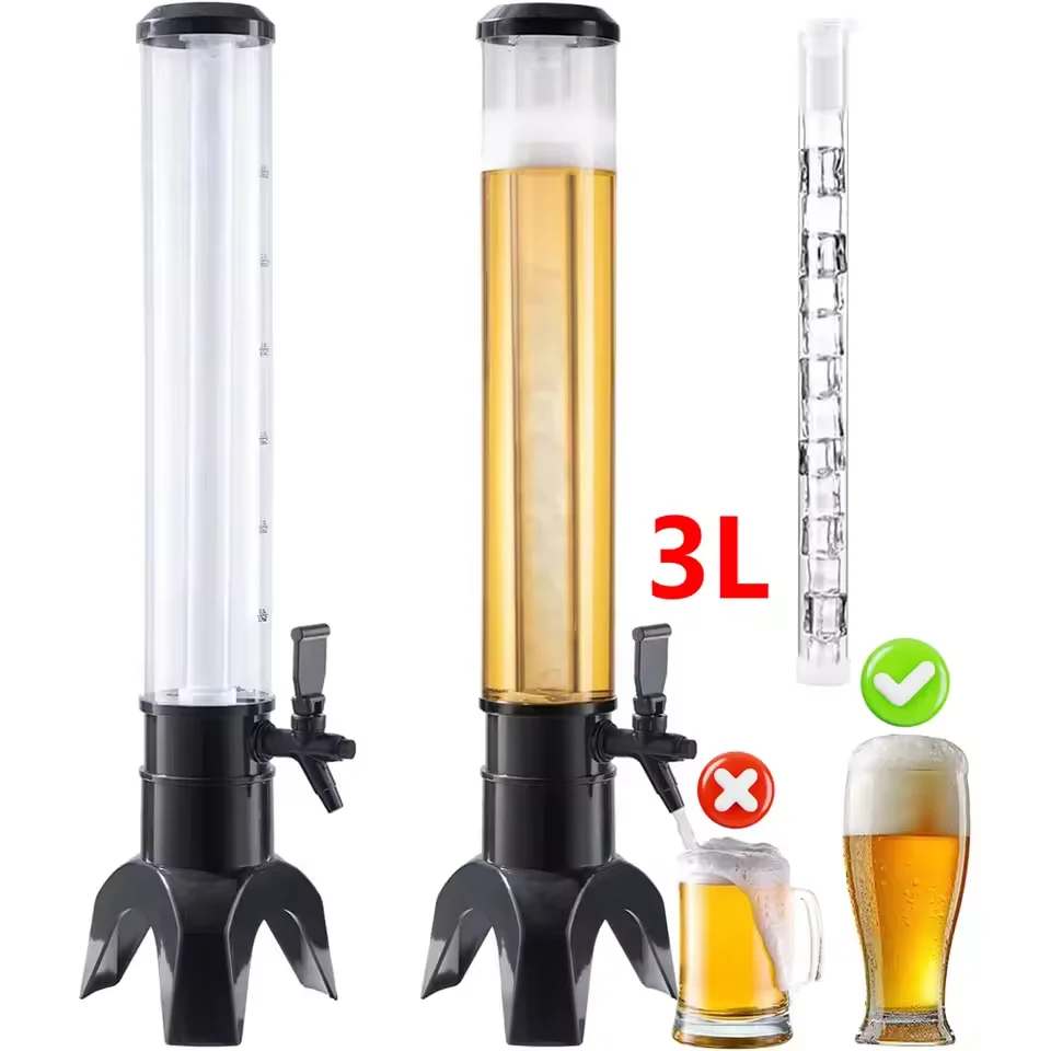 

3L Beer Dispenser Beer Tower with Spigot & Ice Tube Beverage Dispenser LED Light Transparent Drink Dispenser for Beer Bar Party