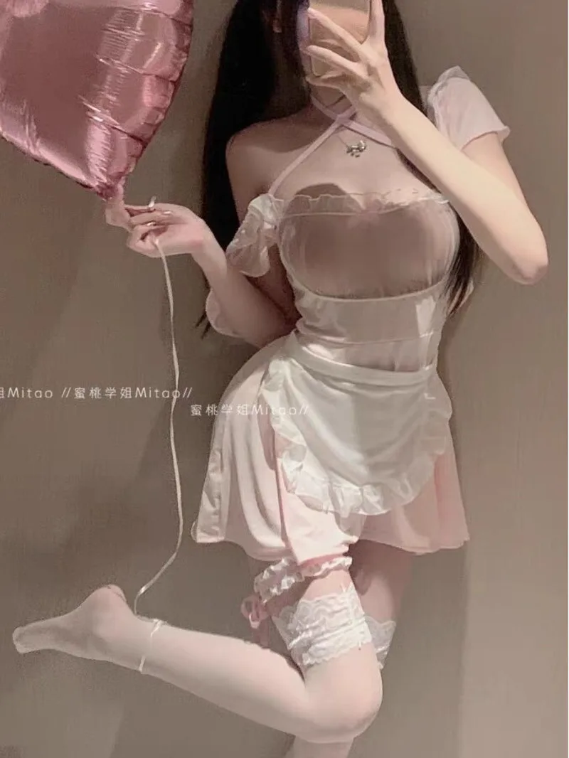 ชุดชั้นในเซ็กซี่ลูกไม้ตาข่าย Sheer หวานแฟชั่นผู้หญิงเกาหลีชุดมินิกระต่ายสาวชุดสีชมพู Elegant DZSB