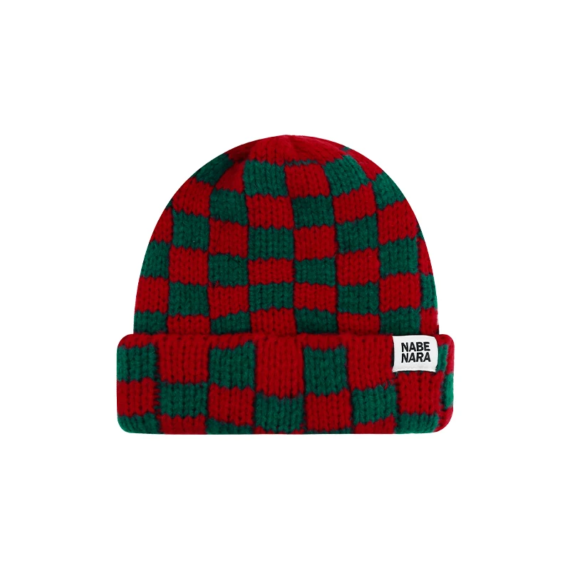 Contrasting Color Plaid Women\'s Hats Autumn and Winter Japanese Retro Street Checkerboard Thickened Warm Cover Knit Beanies Men