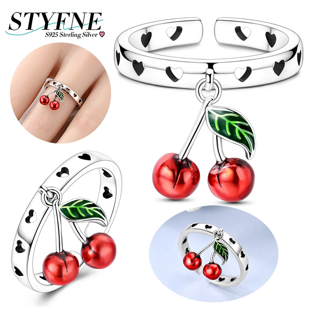 

New 925 Sterling Silver Open Ring Sweet Cherry Love Adjustable Ring for Girls Women Birthday Engagement Fashion Jewelry Gifts