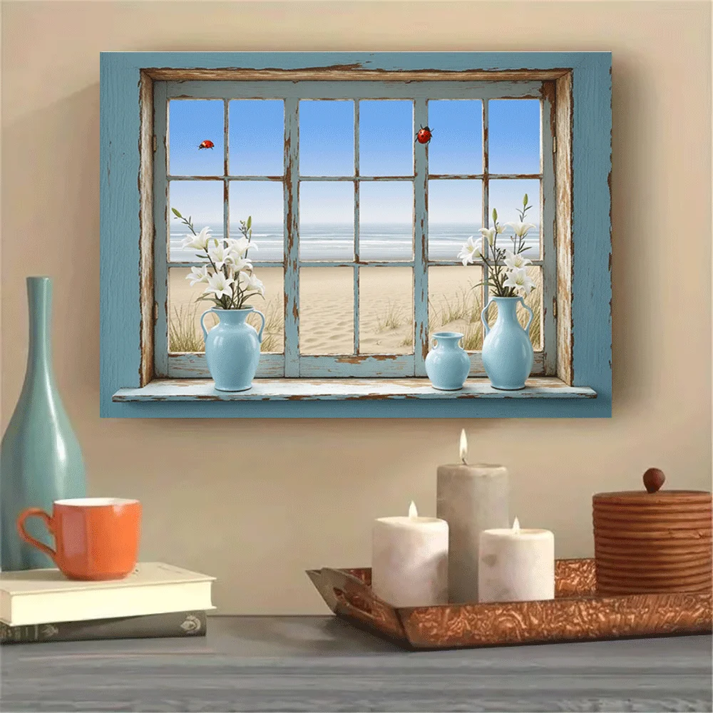1PC-Canvas poster Unframed  Coastal Window View Beach Scene With Flowers And Candles Decorative Wall Art  summer