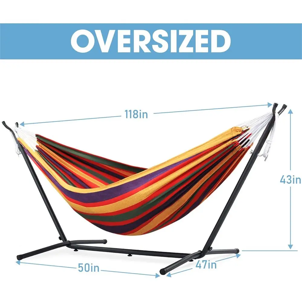 Double Hammock Bed with Adjustable Stand and Portable Carrying Case, Heavy Duty, Rainbow Stripes