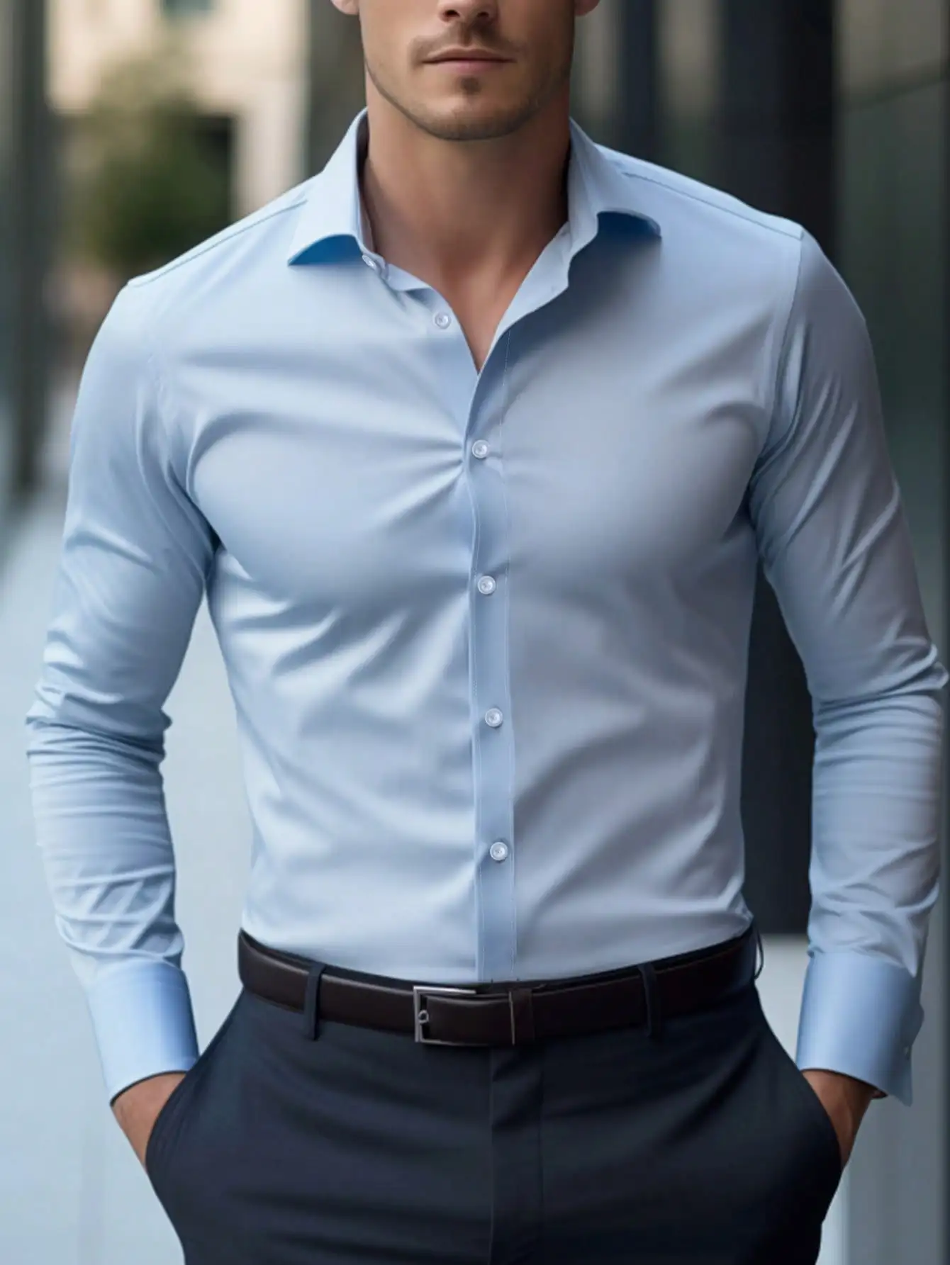 

Men's Light Blue Solid Long Sleeve Formal Dress Shirt for Office & Casual Wear