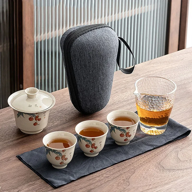 Retro Plant Ash Tea Cups Ceramic Portable Bag Teapot Outdoor Travel Gaiwan Cups of Tea Ceremony Kung Fu Teaware Set