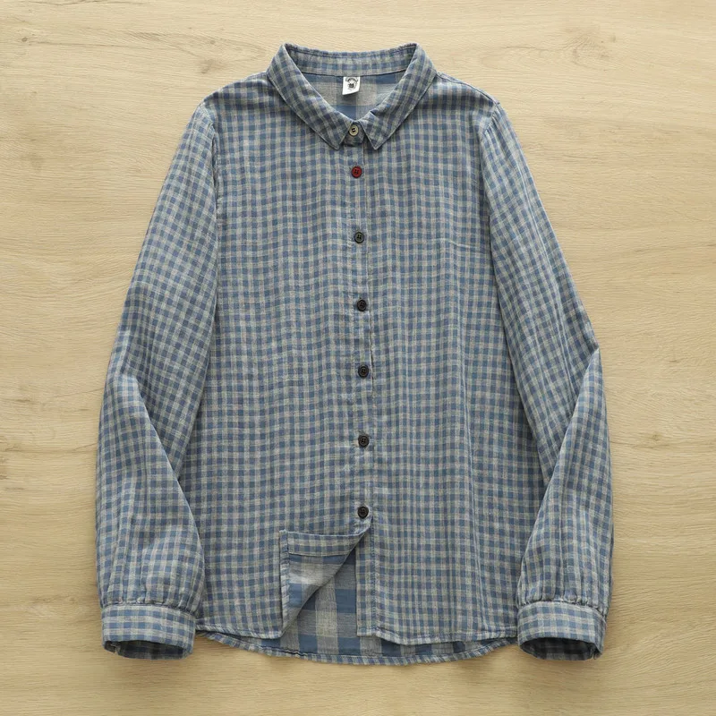 جديد 2025 الخريف غزل القطن قميص طويل الأكمام ، المرأة بدوره إلى أسفل طوق منقوشة ، موري فتاة موضة تخفيف بلوزة فضفاضة T59188CC