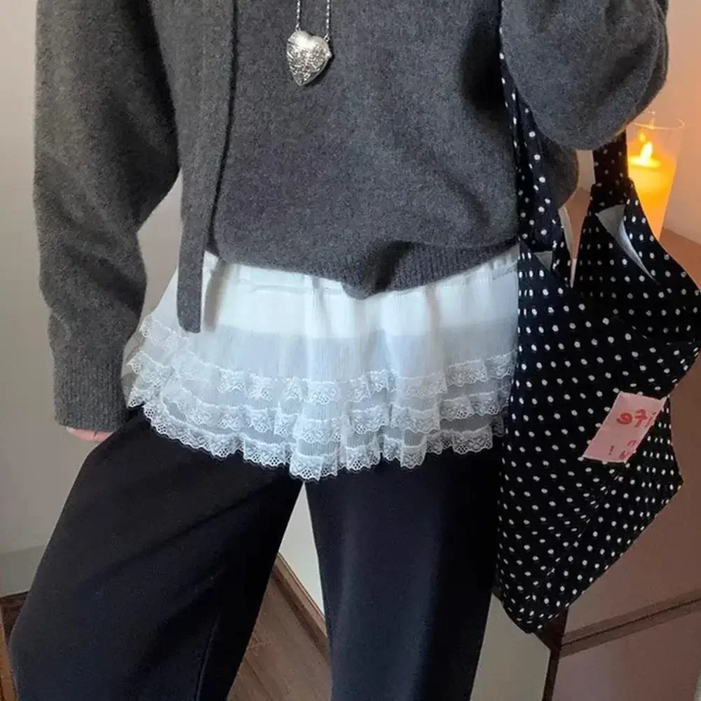 Rok Renda Tumpang Tindih Satu Potong Korea Wanita Musim Panas 2025 Rok A-Line Pendek Celemek Rok Kasa Berlapis Renda dengan Dasi