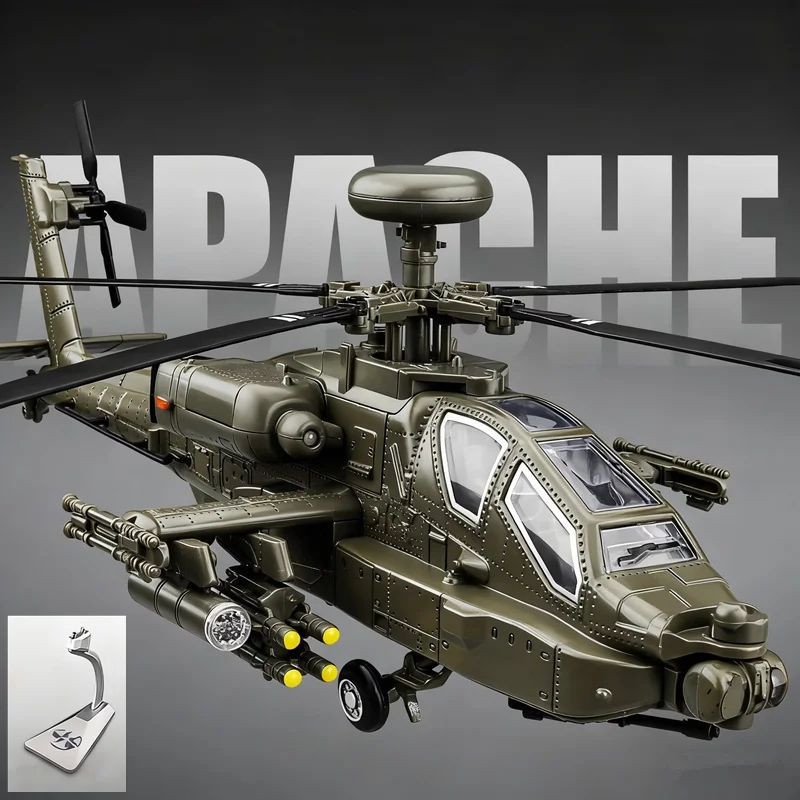 1:46 AH-64 Apache Alloy Utility Attack Advanced Helicopter Model Diecasts Metal Fighter Aircraft Model Sound Light Kids Toy Gift