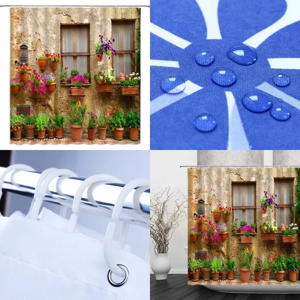 

Элегантная занавеска для душа в стиле тусканы с винтажной европейской дерелой и садовым пейзажем