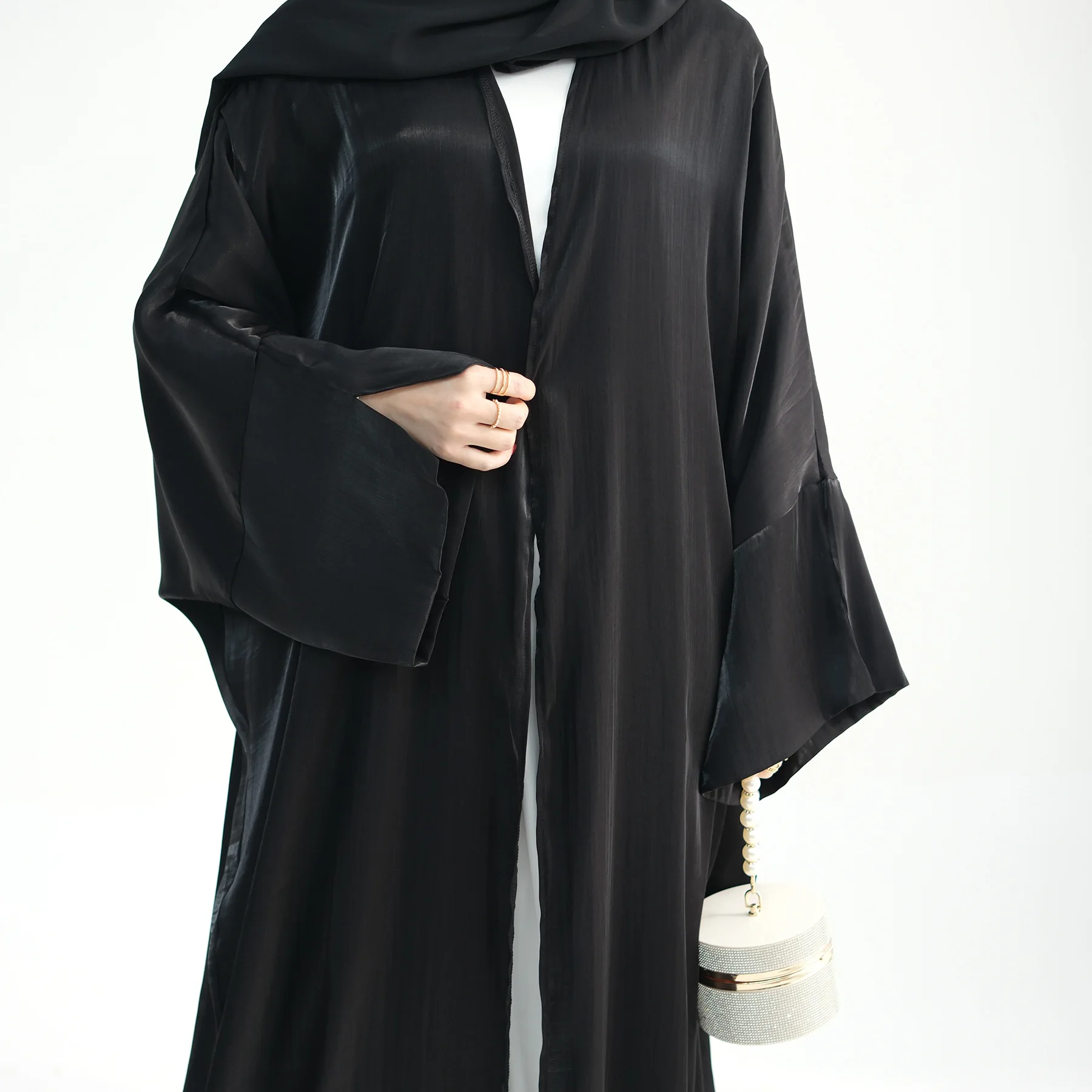 Plain Dubai open abaya moroccan kaftan turkish shiny Ramadan stain dresses Islam Muslim Modest Dress Sets Prayer Clothes Women