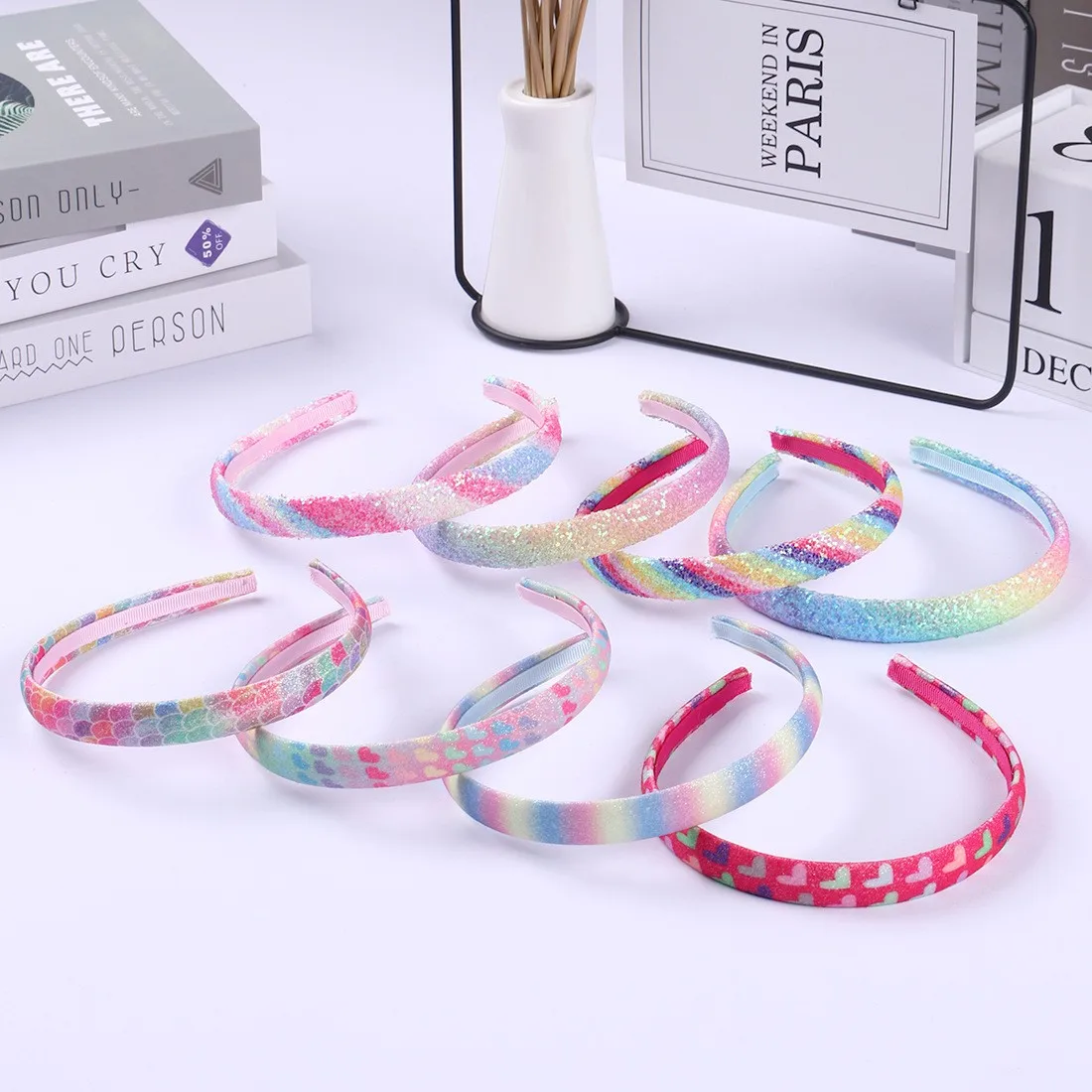 4/8PCS Glitter Rainbow Headbands for Girls Sparkly Heart Headband Plastic Mermaid Hairbands Children Kids Party Hair Accessories view 2