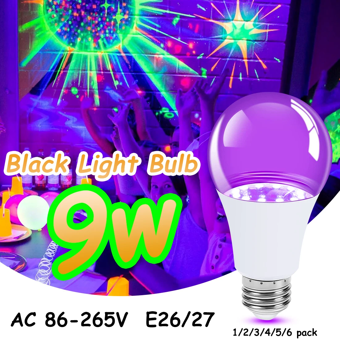 

1~6 Pack LED Black Light Bulb,9W(75Watt Equivalent) A19 UV Blacklight Bulb,Glow in The Dark for Blacklight Party,Fluorescent Pos