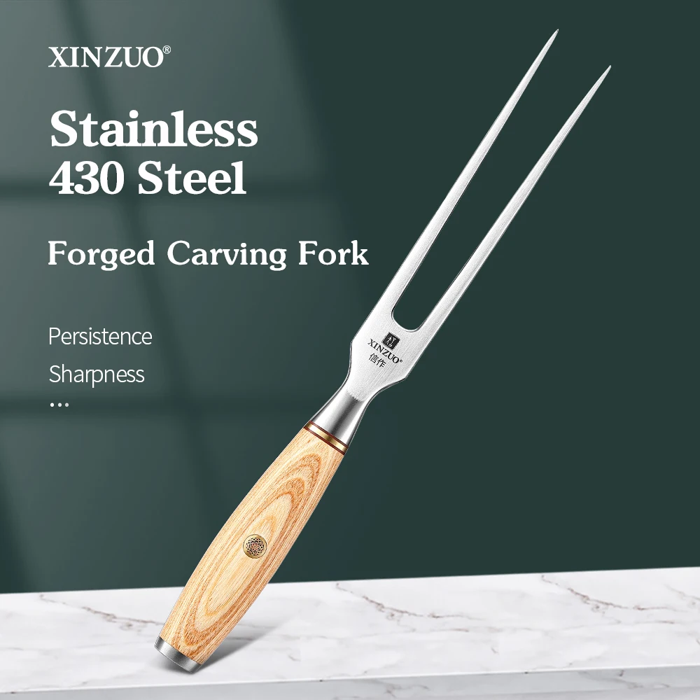 

New XINZUO 430 Stainless Steel Carving Fork Portable Outdoor Barbecue Tool Wooden Handle Barbecue Fork Food Fork Meat Fork