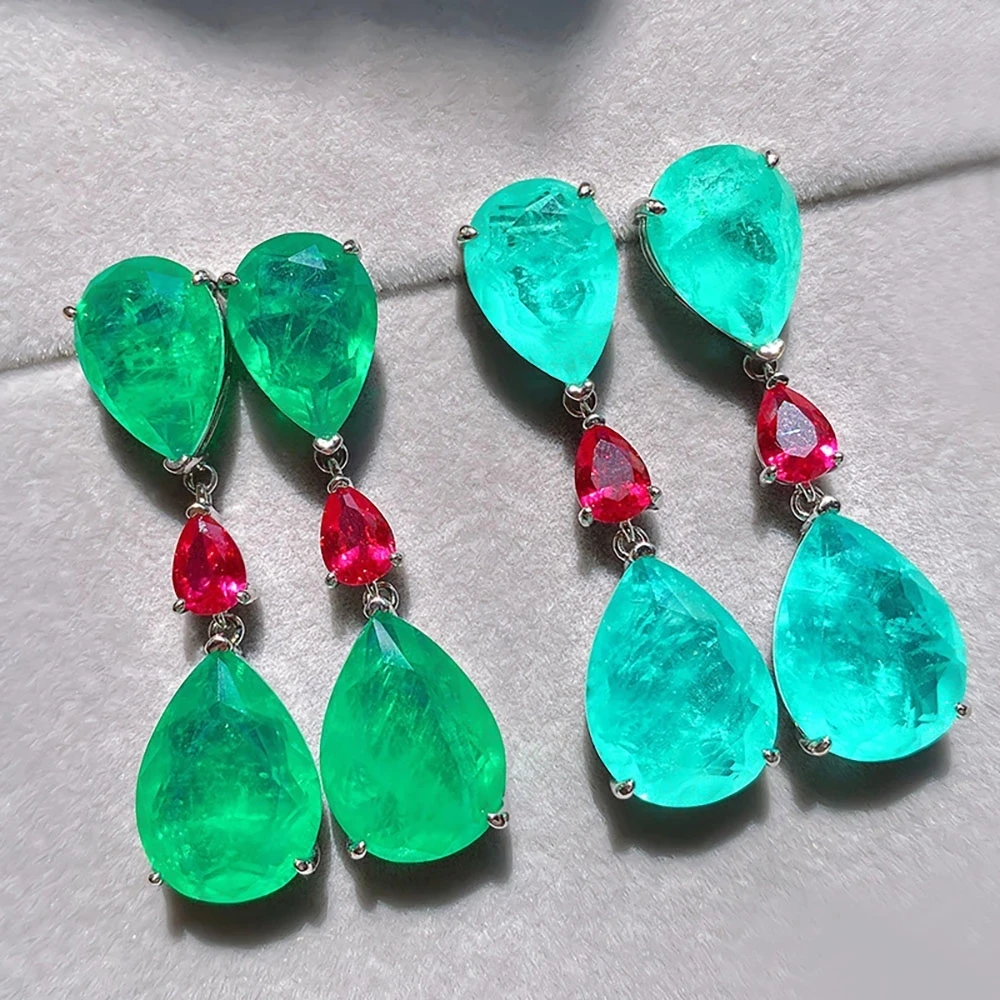 Silver Color Simulation Emerald wedding Earrings For Women 44mm Simple Water Drop Paraiba Long Earrings Treasure Jewelry