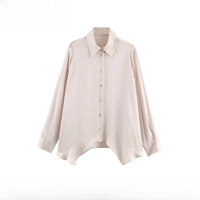 

Модная асимметричная блузка из шелкового атласа с длинным рукавом для женщин, осенне-зимняя новинка, свободный крой, для офиса и повседневной носки