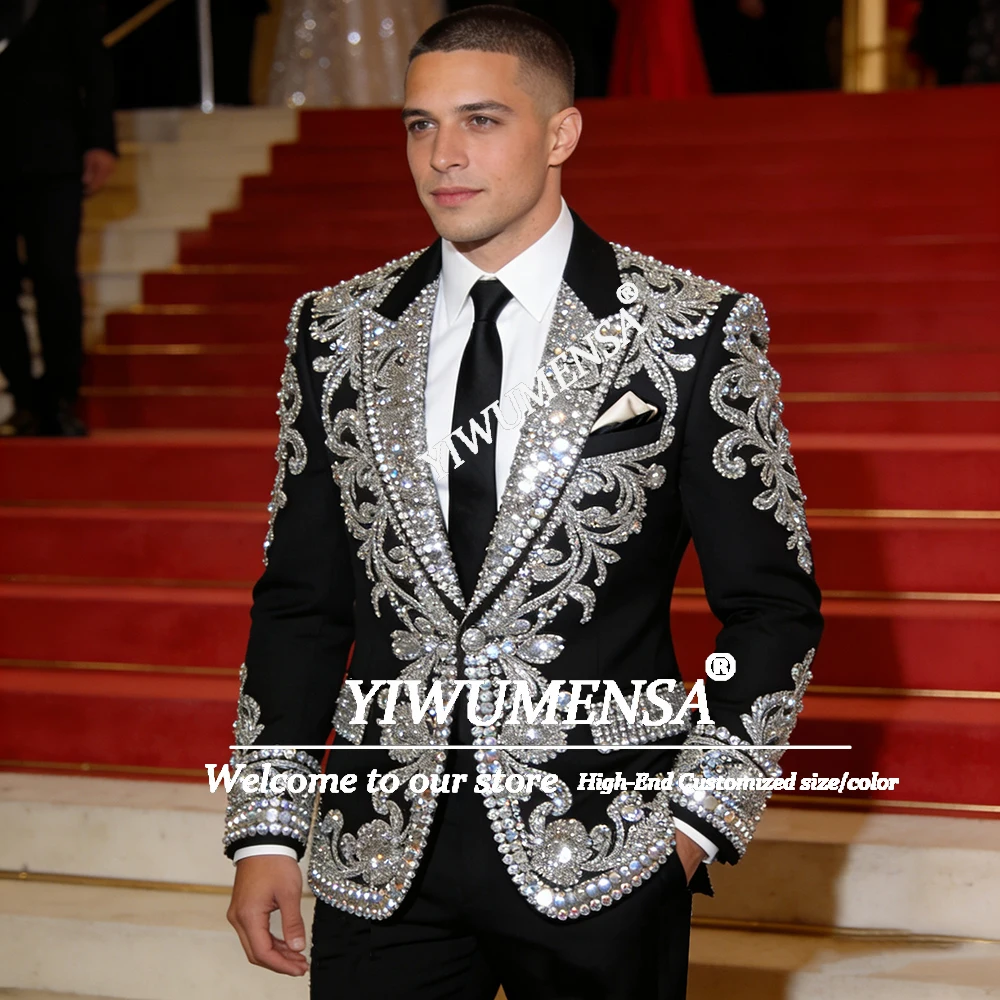 

Sparkling Beaded Stones Suits Men For Wedding 2 Piece Set Notched Lapel Prom Blazers Outfits Slim Fit Groom Party Tuxedos Luxury