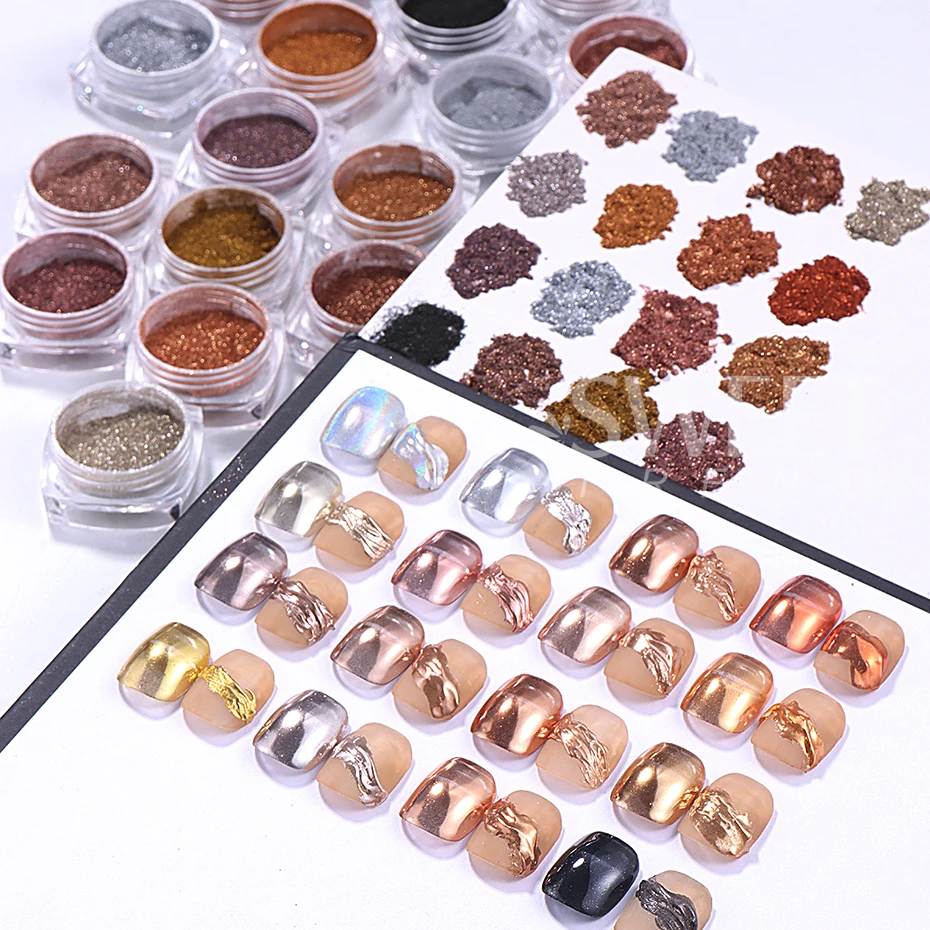 16 Boxes Golden Silvery Effect Magic Mirror Nail Powder Chrome Metallic Rubbing Dust Gel Polish Pigment Powder Manicure Decor