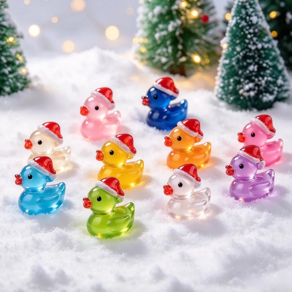 3D Glowing Little Duck with Hat Ornament Christmas Mini Cute Animal Decoration DIY Resin Craft Desktop Accessory Christmas Gift