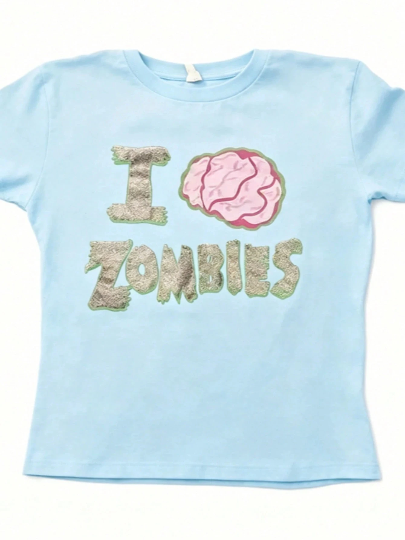 Y2K Goth Baby Tee I Love Zombies Brain Graphic Print Slim Fit Pink Cropped T‑Shirt