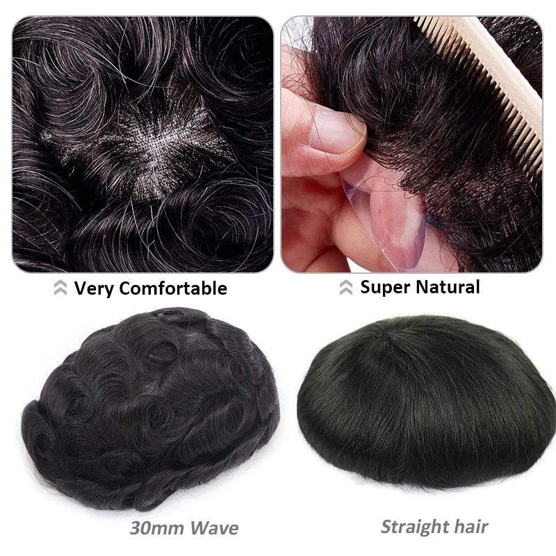 Straight Men Toupee With Knots ISKIN Full PU 0.12-0.14cm Human Hair Wig Indian Remy Hair System Men\'s Wig Hairpiece Natual Color